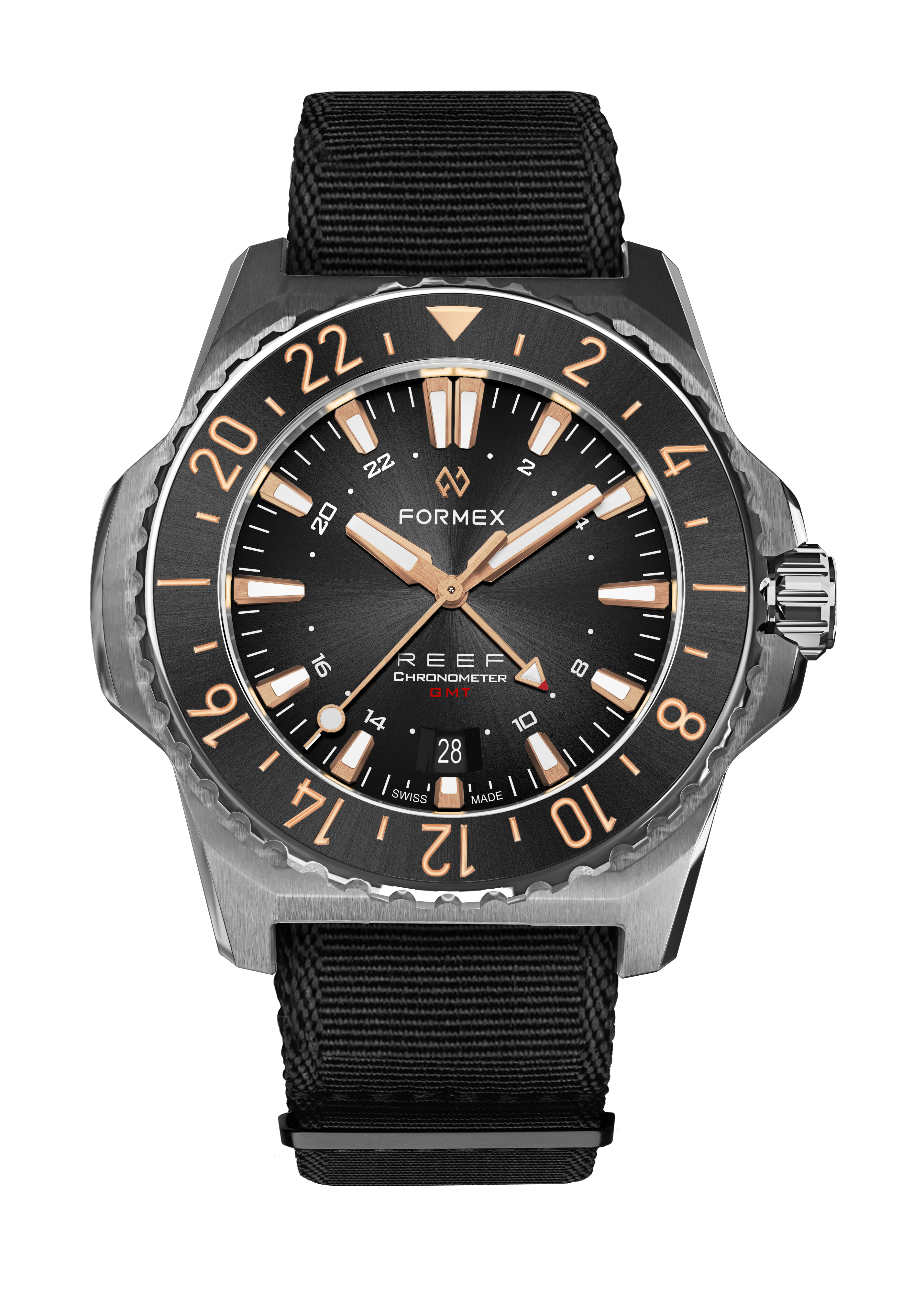 Black-Rosegold GMT Bezel.Textile Strap