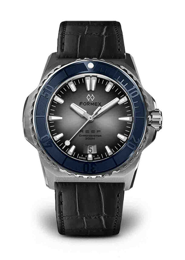 Blue Bezel Black Leather Croco Pattern