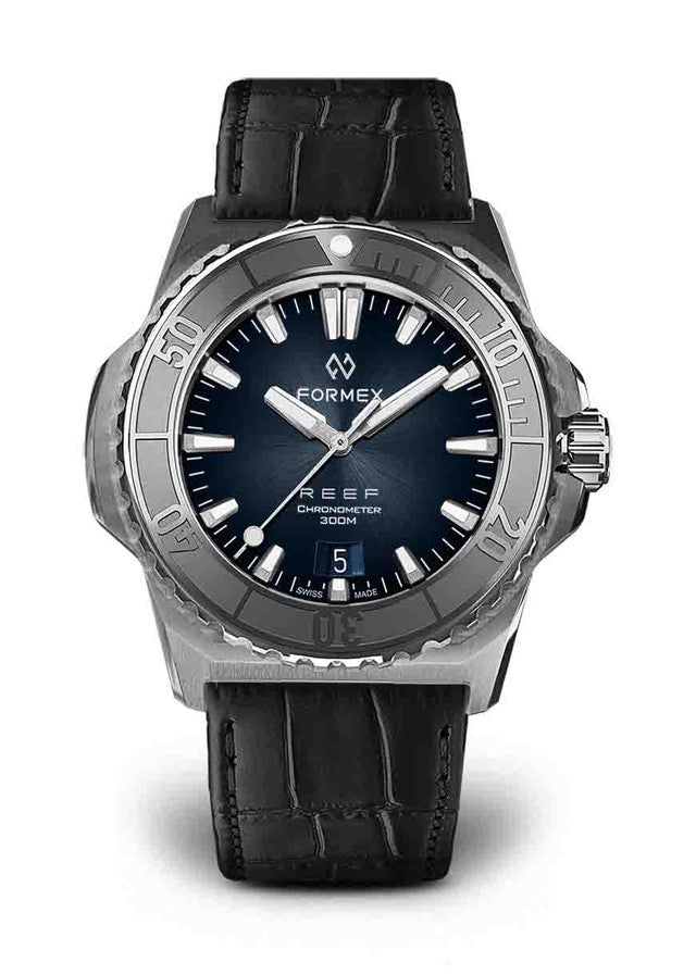 Steel Bezel Black Leather Croco Pattern