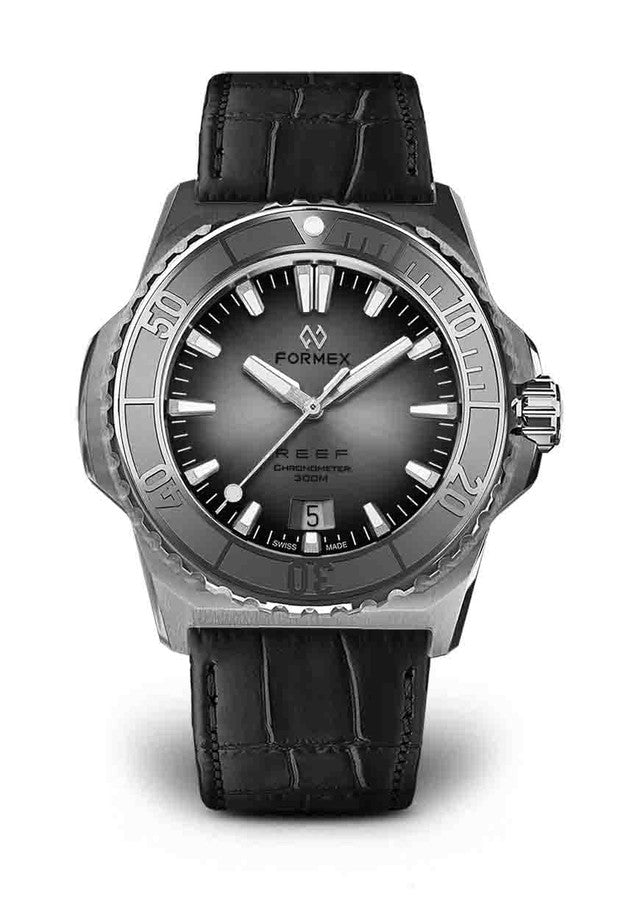 Steel Bezel Black Leather Croco Pattern