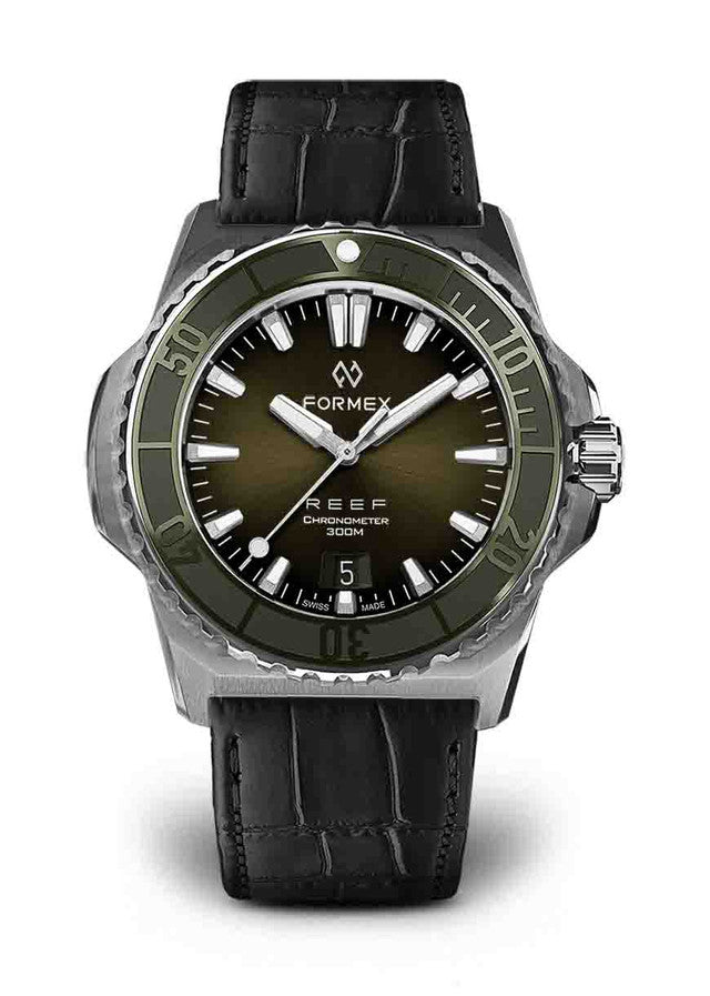 Green Bezel.Black Leather Croco Pattern