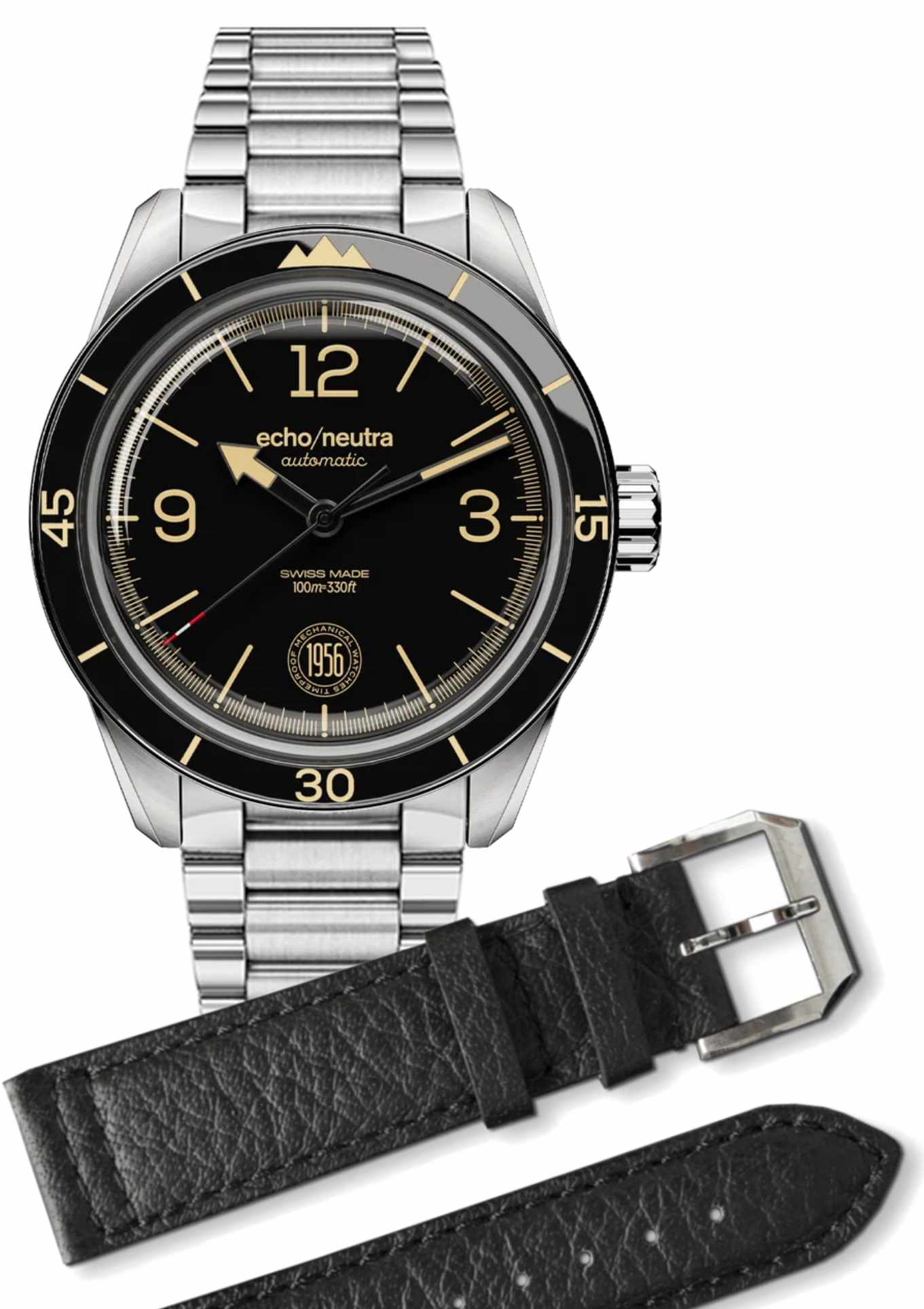 Set: Edelstahlband + Schwarzes Büffellederband