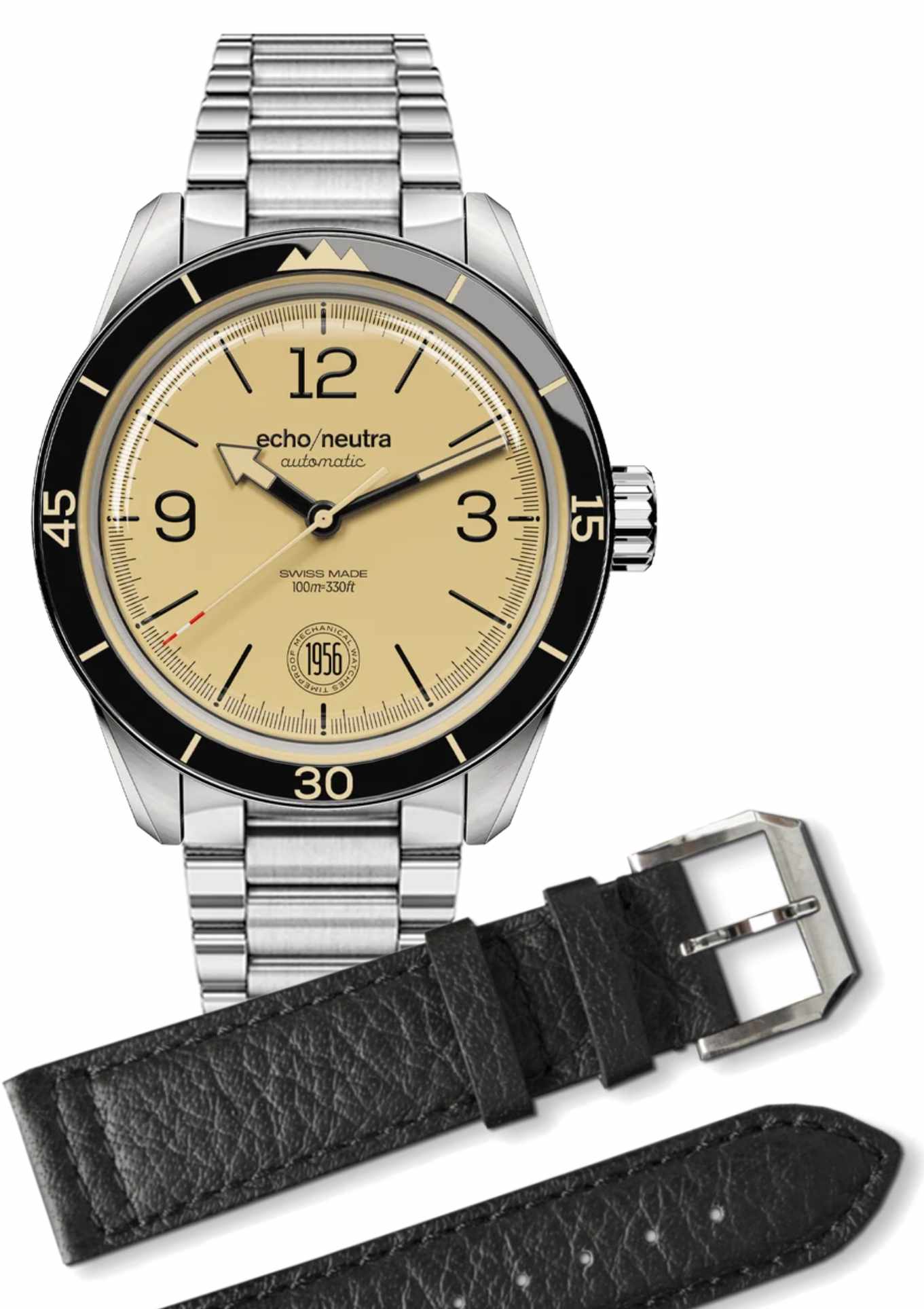 Set: stainless steel strap + black buffalo leather strap