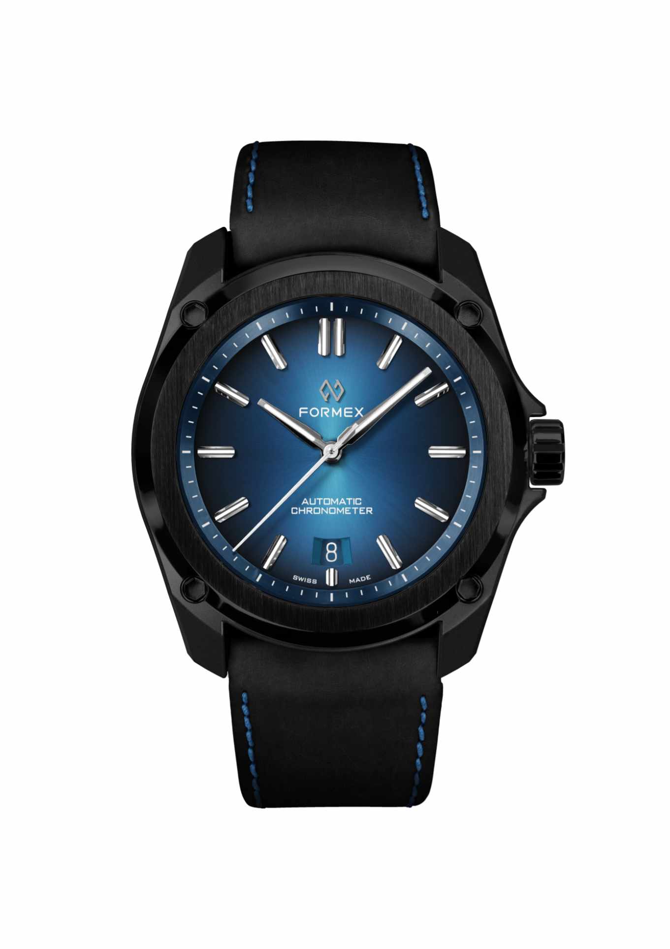 Black leather strap with blue stitching