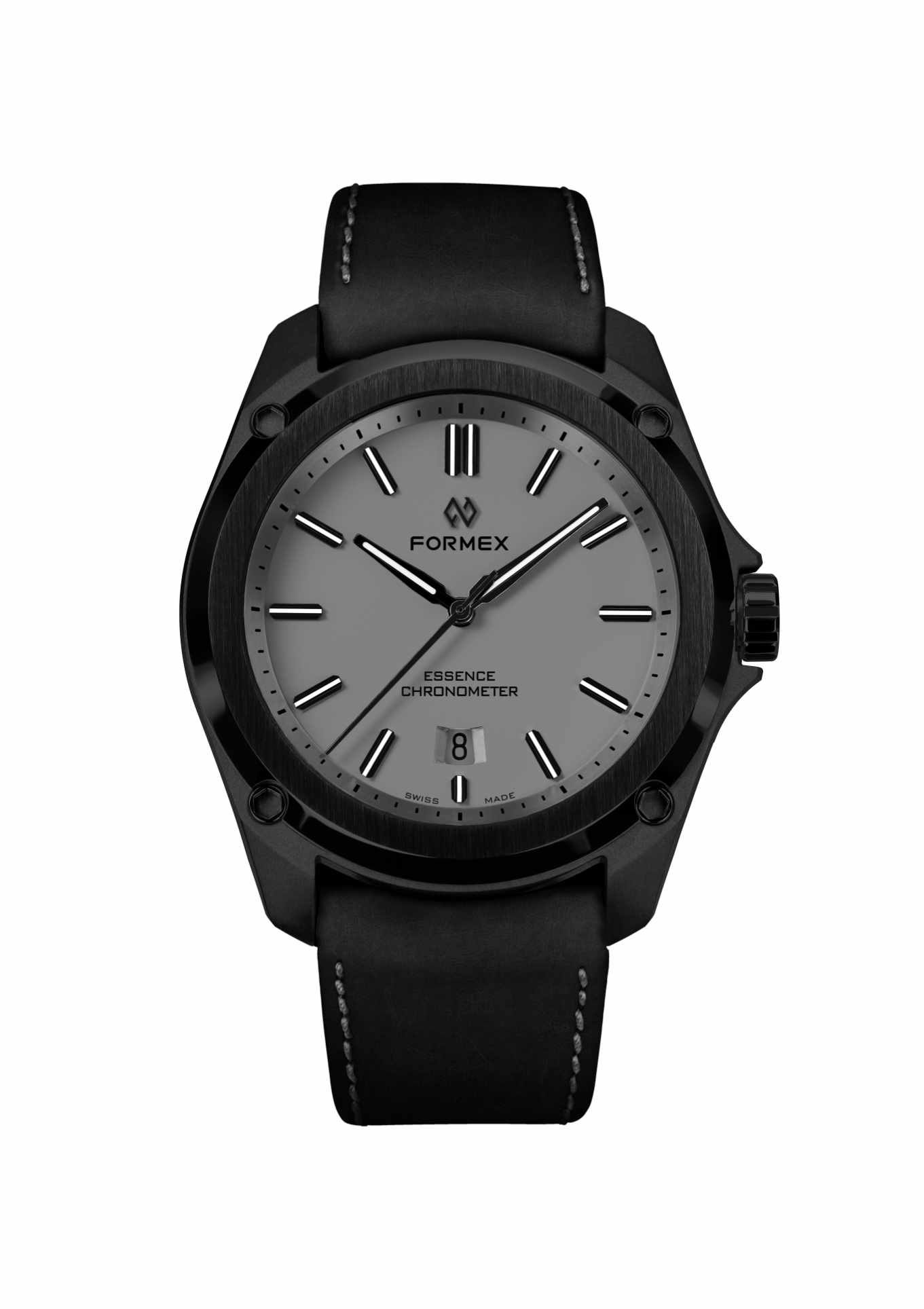 Black leather strap with grey stitching