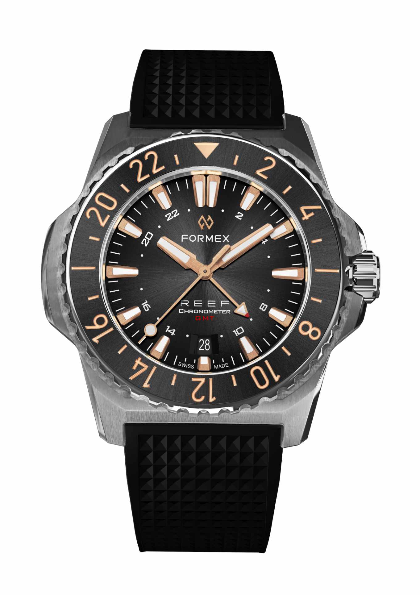 Black-Rose Gold GMT Bezel.Rubber Strap