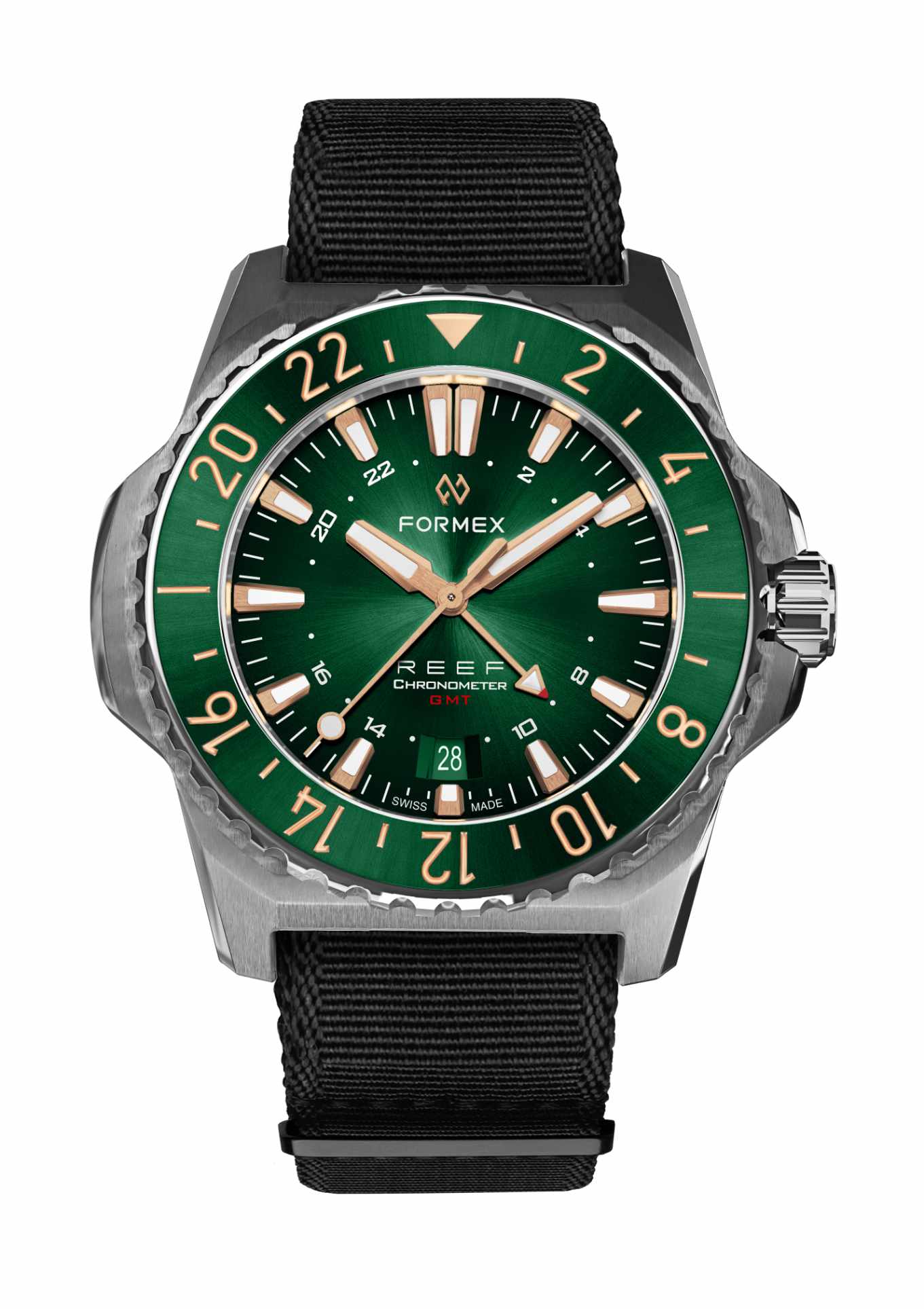 Green-Rose Gold GMT Bezel.Textile Strap