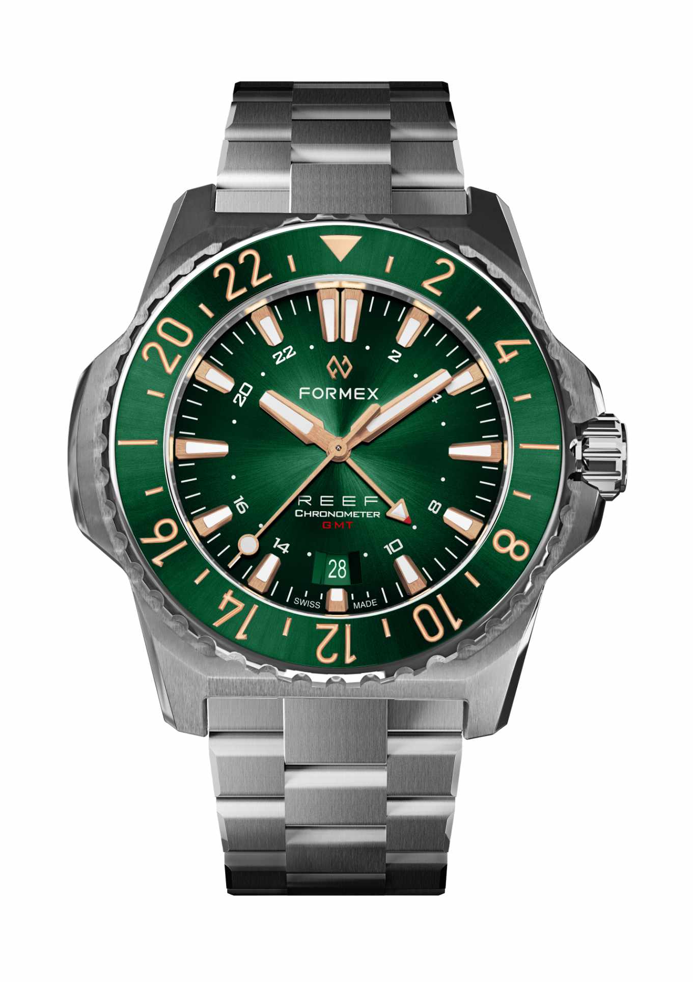 Green-Rose Gold GMT Bezel.Steel Bracelet