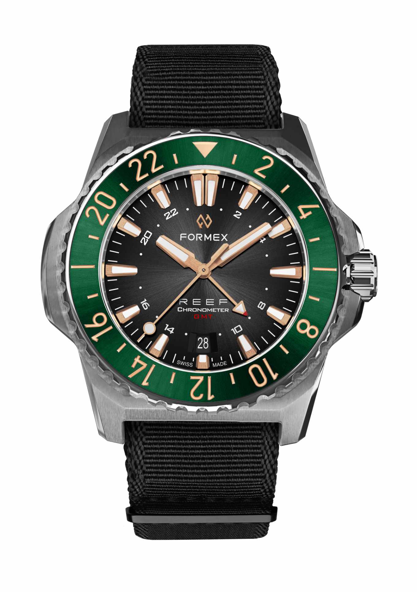 Green-Rose Gold GMT Bezel.Textile Strap