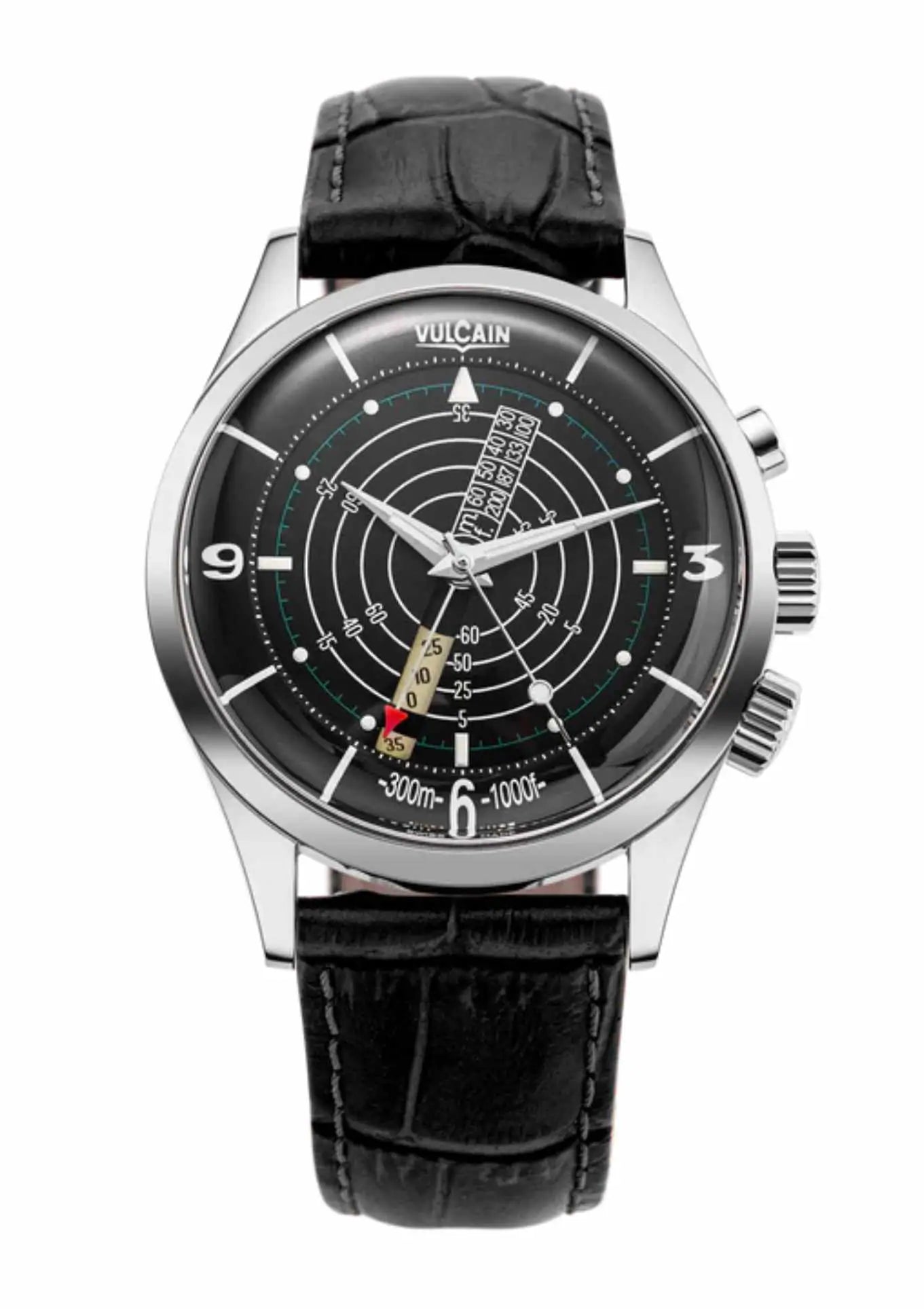 Closed Caseback.Black Leather Alligator Pattern Strap