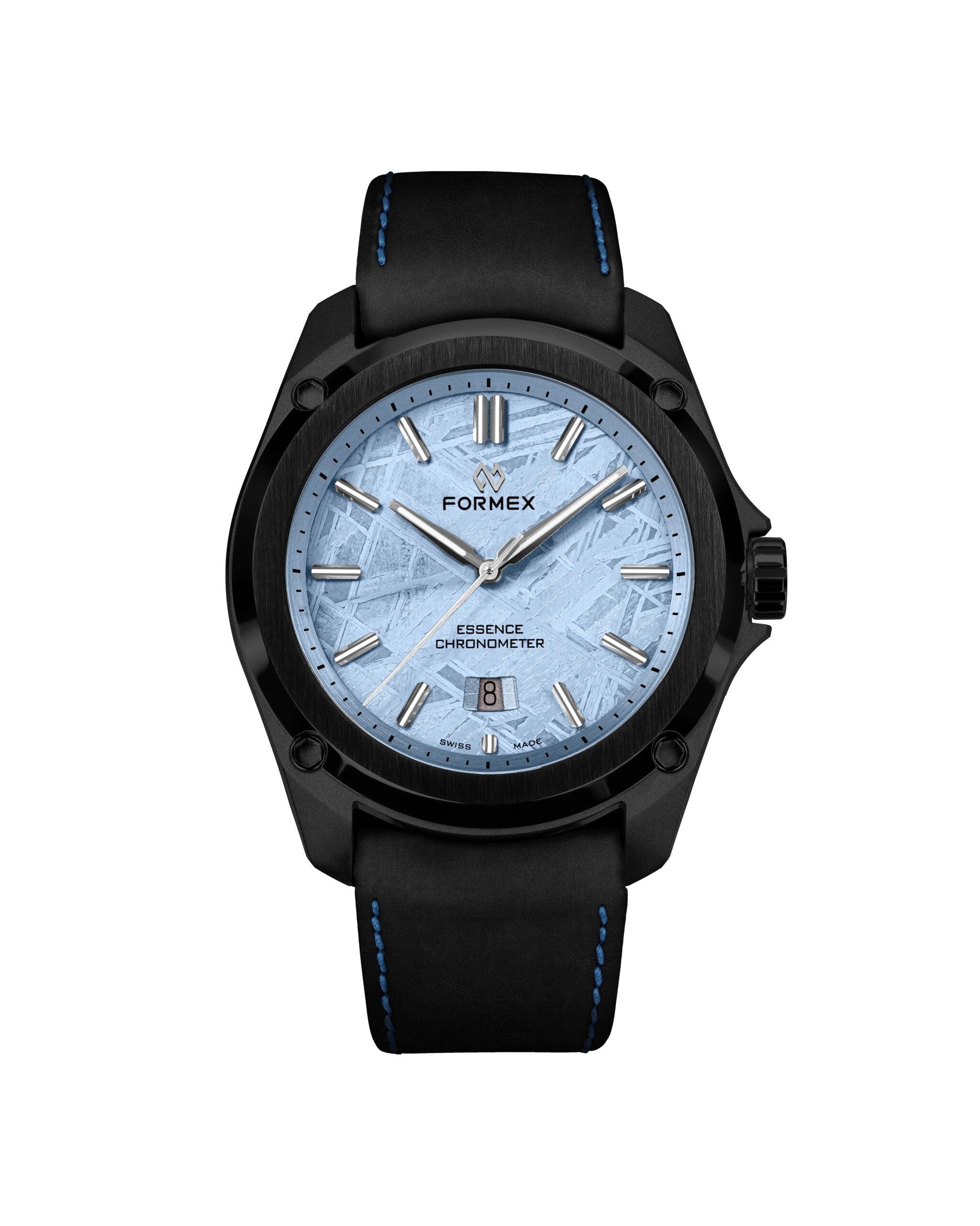 Leather strap. Black with blue stitching