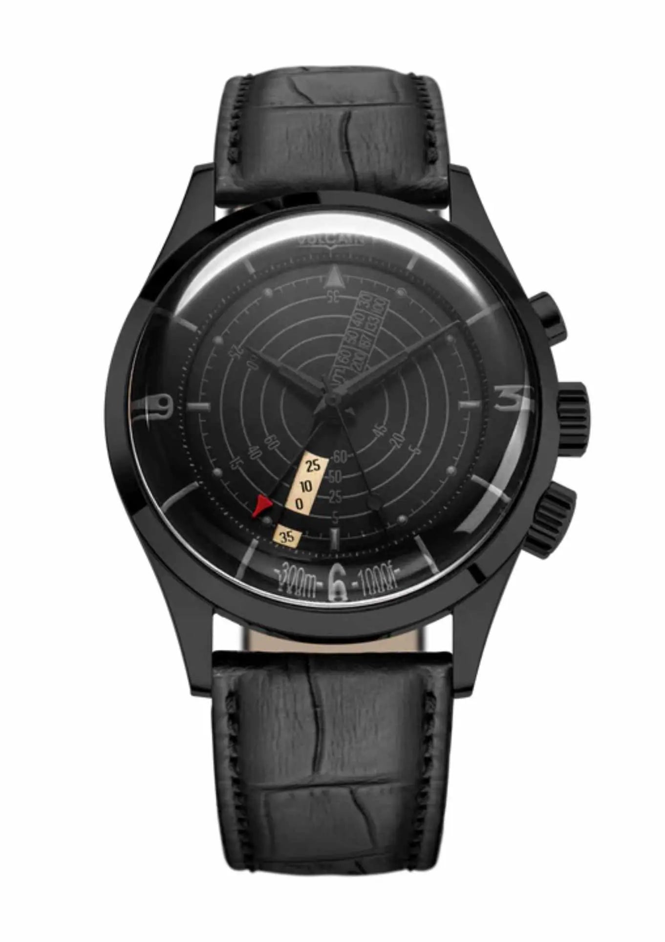 Closed Caseback.Black Leather Alligator Pattern Strap
